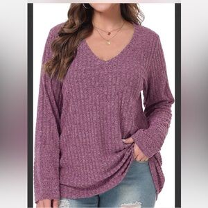 Belaroi plus size, ribbed V-neck, long-sleeve top in a mauve or purple-ish color
